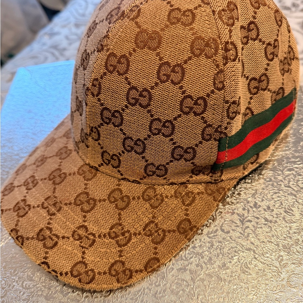 Gucci Tan Monogram Cap with Green and Red Stripe